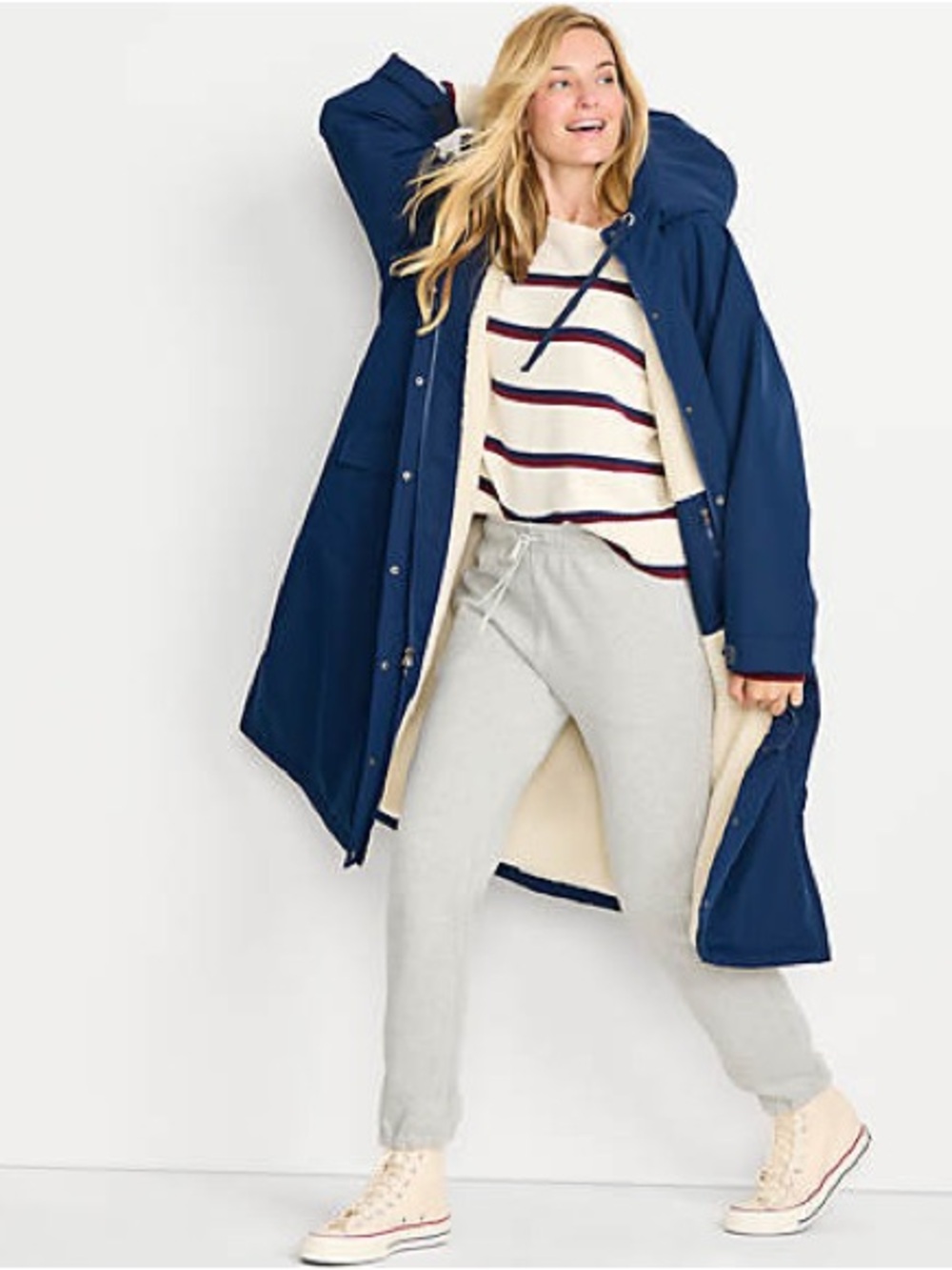 NWT XL Lands' End Navy Hooded Long Changing Coat with Cream Sherpa Lining - Picture 1 of 4